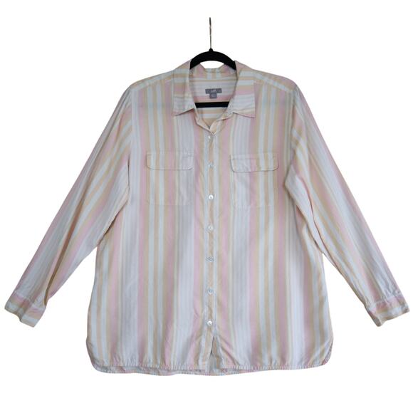J Jill Womens Silk Striped Button Down Shirt Size Medium Pink Pastel Lightweight - Picture 1 of 9
